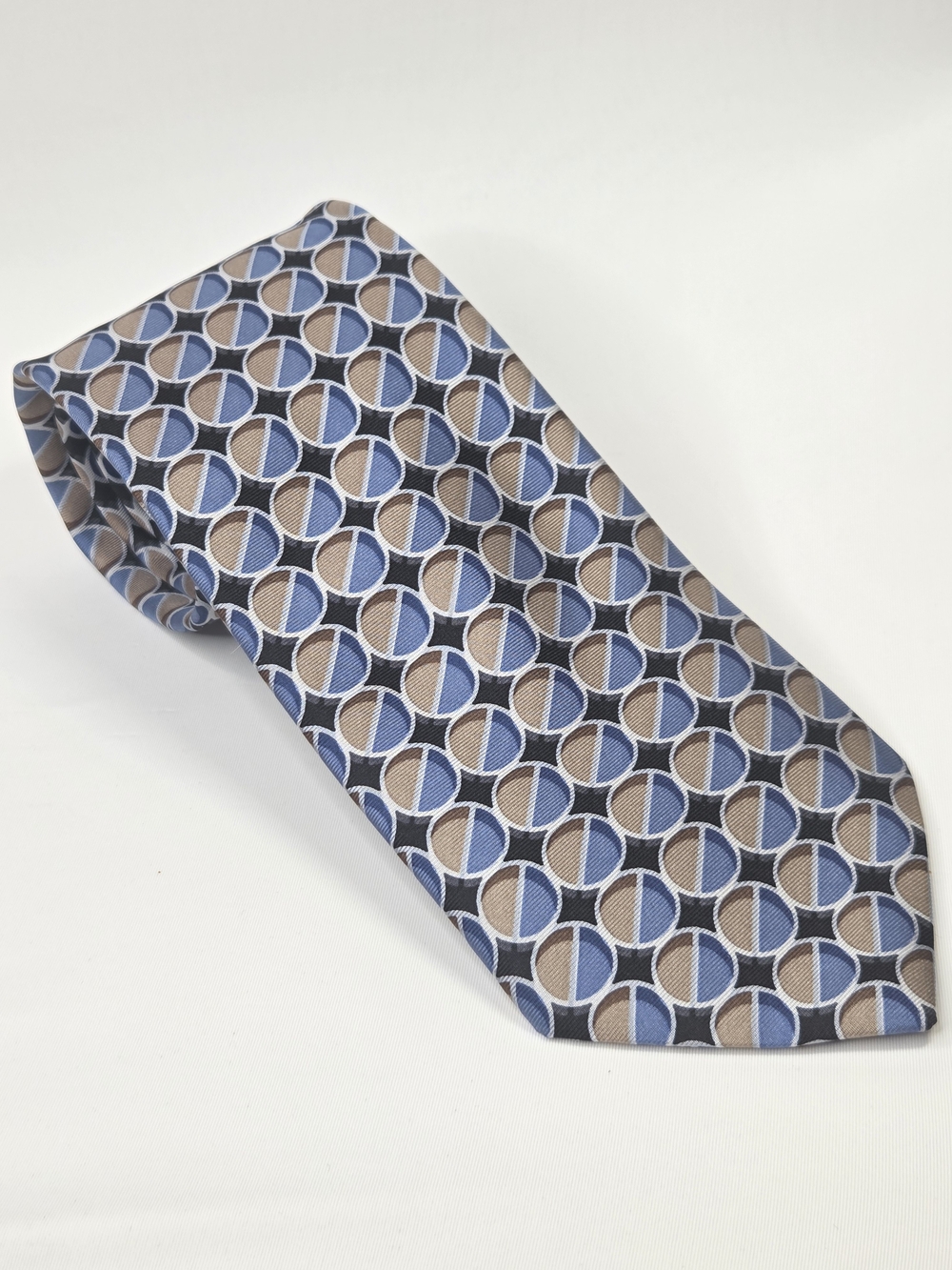 Emanuel Ungaro NWT Mens 100% Silk Blue & Brown Geometric Circle Tie 3.75"x59"